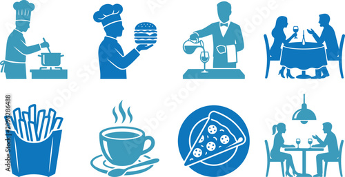 Set of blue icons representing restaurant food service and dining experience with fast food chef hat catering