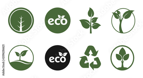 Eco friendly logos with leaf with including leaf recycling symbols various shades green black collection eight eco sustainability conservation