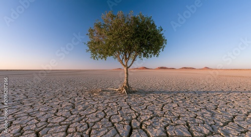 Solitary tree stands on cracked earth in a dry desert landscape during sunset