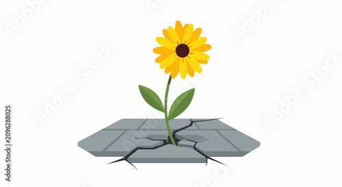 Resilience Concept Illustration of a Yellow Flower Growing Through a Crack in Concrete Pavement, Symbol of Hope, Strength and Growth Isolated on White Background