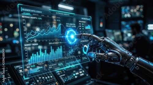 A robotic arm interacts with a holographic display showcasing complex financial data.