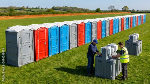 Two men washing hands at portable stations in a field with a long row of portable toilets, representing event preparation and sanitation services.