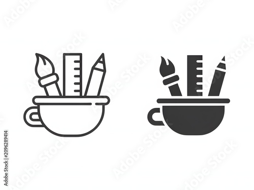 Art supplies in cup icon for creativity and design, outline and filled versions