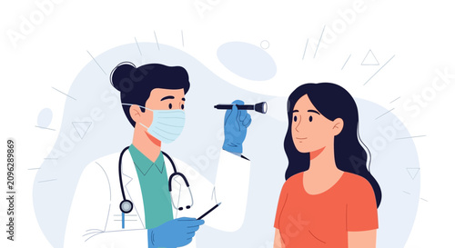 Doctor examining patient's eyes with ophthalmoscope in a modern flat illustration style