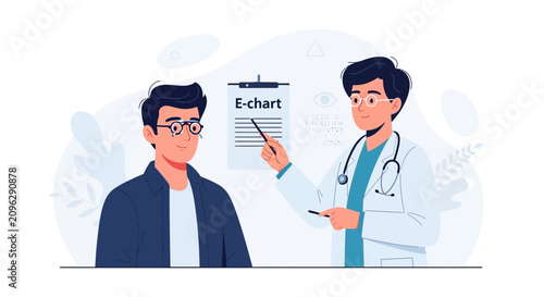 Doctor Explains E-Chart to Patient Wearing Glasses, Medical Consultation, Eye Exam Illustration