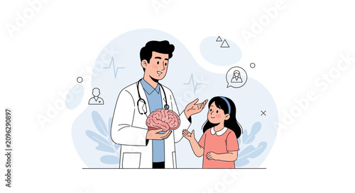 Doctor explains brain to child, healthcare and medical education concept, vector illustration