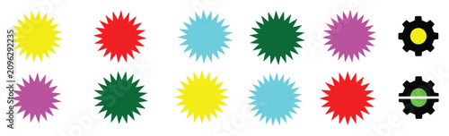 Foto Collection of colorful starburst shapes and gears on a white background