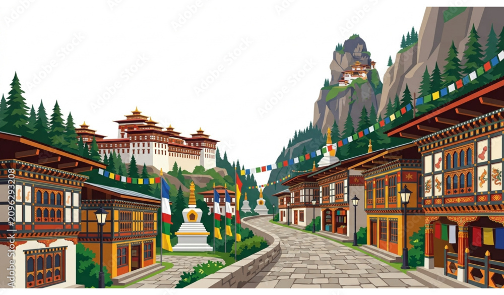 Fototapeta premium Bhutan Street Panorama with Traditional Architecture and Famous Tourist Landmarks Flat Vector Illustration