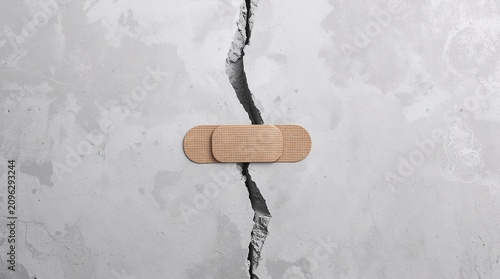 Cracked Concrete Wall Repaired with Bandage Temporary Fix Concept