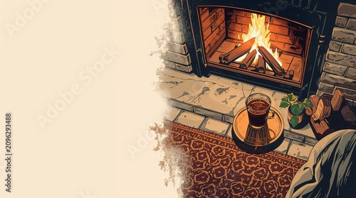 Cozy Fireplace with Hot Tea Cup on Rustic Hearth Warm Comfort Concept