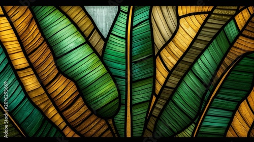 Stained Glass Tropical Banana Leaves Pattern Vibrant Green Gold Art Background