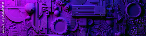 cyberpunk wall relief with violet gradient background, futuristic cyberpunk wall design, abstract sci-fi relief texture in purple cyberpunk style
