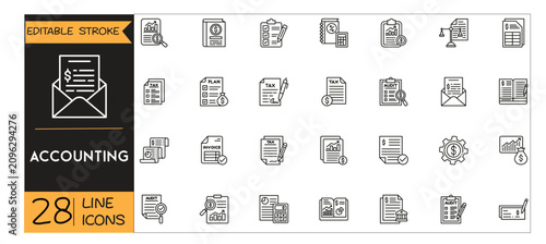 Accounting icons set. Includes icons for bookkeeping, finance, taxes, invoices, budgeting, and reporting. Editable stroke. Line icons. Perfect for apps and infographics.
