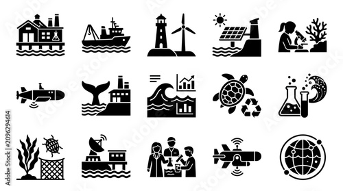 Fotografía Creative Black and White Icons Set Featuring Oceanography Marine Research Renewa