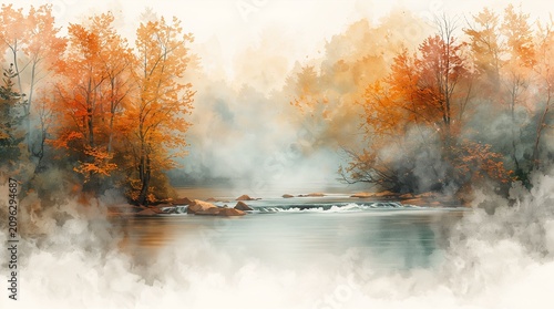 Misty Autumn River with Vibrant Foliage Watercolor Landscape Nature Concept