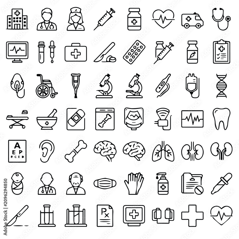 Naklejka premium Medical and healthcare vector line icons set with healthcare hospital medicine