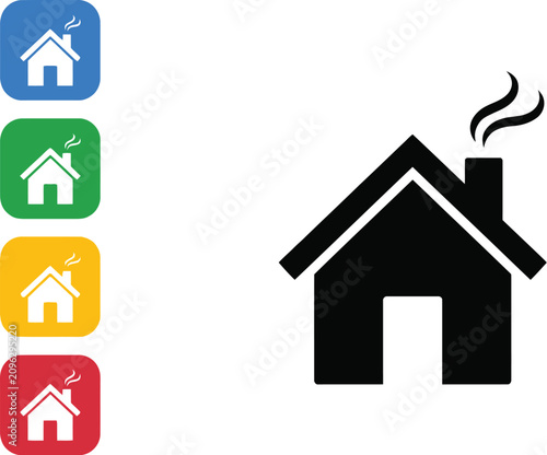 Simple black house icon with chimney smoke featuring four colorful rounded square button style variations