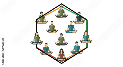 Group Meditation Circle: Diverse People in Yoga Pose within Hexagon