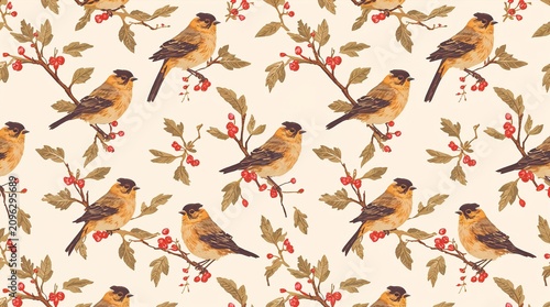 Vintage Birds on Berry Branches Seamless Pattern Botanical Background