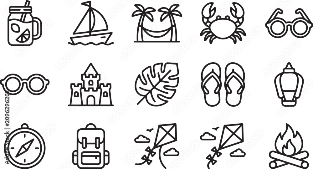 Obraz premium Summer beach icon set, solid black glyph style vectors for tropical vacation, holiday, and ocean travel elements