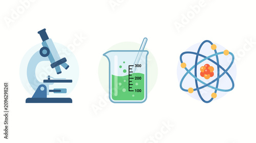 Illustration of science equipment and symbols in a laboratory setting with microscope, beaker, and atom model.