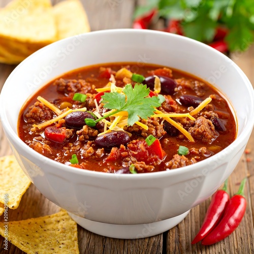 Heart chili with tortilla chips and peppers.