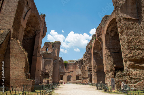 Part of the internal section with massive ancient brick walls and arches of the Baths of Caracalla in Rome, Italy