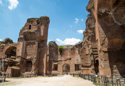 Part of the internal section with massive ancient brick walls and arches of the Baths of Caracalla in Rome, Italy
