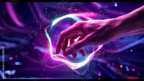 A hand reaching out to touch a glowing pink and blue light in a futuristic environment with neon lights