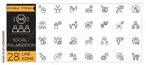 PrintSocial Polarization icons set. Includes icons for division, opinions, conflict, society, groups, and communication. Editable stroke. Line icons. Perfect for apps and infographics.
