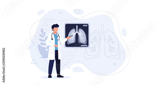 Doctor reviewing lung X-ray, medical illustration with flat design elements and abstract shapes