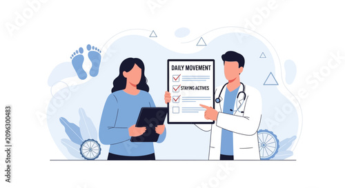 Doctor reviewing daily movement and activity checklist with patient, promoting healthy lifestyle and well-being