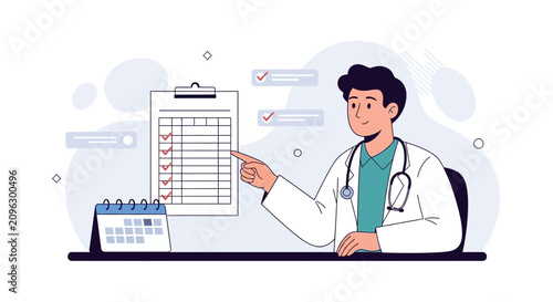 Doctor reviewing patient checklist on clipboard with calendar and to-do items, modern flat illustration style.