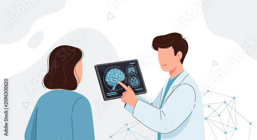 Doctor showing brain scan results to patient, modern medical consultation, vector illustration