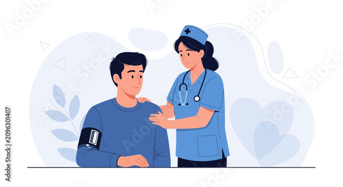 Nurse checking patient's blood pressure, healthcare illustration with modern flat design style