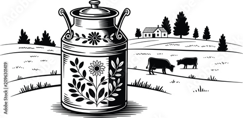 Bild auf Leinwand Vintage milk can in a countryside farm landscape with grazing cows, isolated on