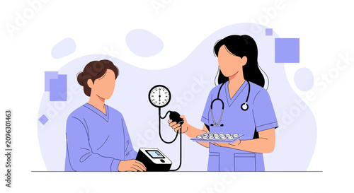 Nurse checking patient's blood pressure with stethoscope, modern vector illustration