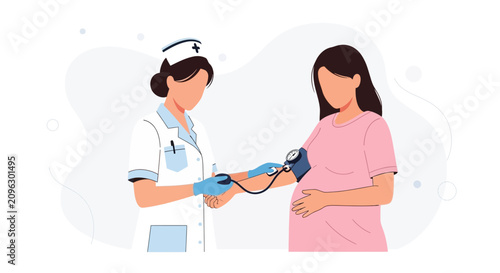 Nurse checks blood pressure of pregnant woman, vector illustration of healthcare and pregnancy checkup