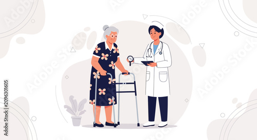 Nurse Checks Elderly Woman's Blood Pressure With Walker, Healthcare Concept Illustration