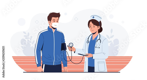 Nurse checks patient's blood pressure with a sphygmomanometer, healthcare concept illustration
