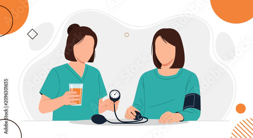 Nurse Checks Patient's Blood Pressure with Sphygmomanometer, Health Care Concept, Flat Design