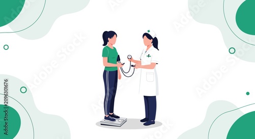 Nurse checks patient's weight and blood pressure, healthcare concept, vector illustration