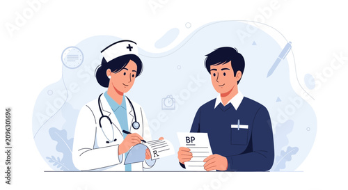 Nurse Consults Patient, Records Medical Information, Healthcare Concept Illustration