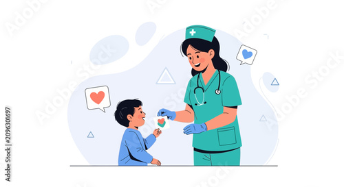 Nurse Giving Heart Card to Child - Healthcare, Kindness, and Childcare Illustration