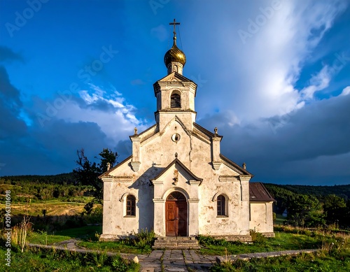 Historic Church with Golden Dome Under Blue Sky.