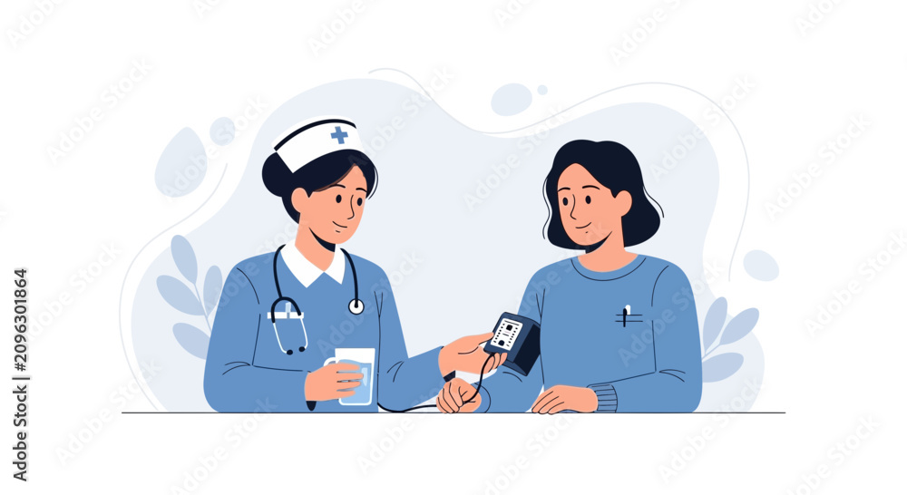 Fototapeta premium Nurse takes patient's blood pressure using digital monitor, vector illustration with modern flat design style.