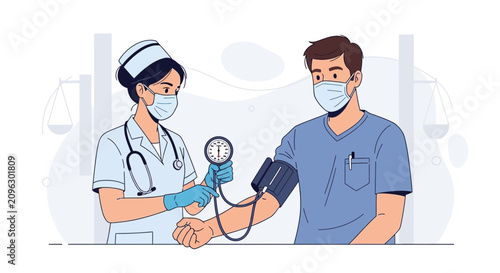 Nurse measuring blood pressure of patient wearing mask in a stylized medical setting, vector illustration