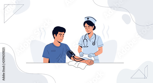 Nurse Measuring Patient's Blood Pressure with Sphygmomanometer - Modern Flat Illustration Style