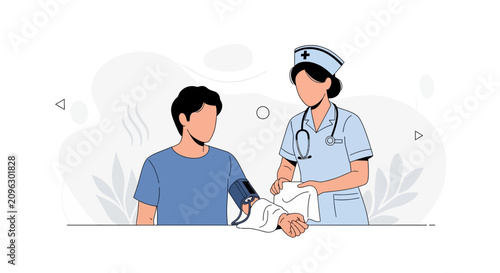 Nurse Measuring Patient Blood Pressure with Sphygmomanometer - Modern Flat Illustration