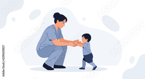 Nurse or caregiver helps toddler take first steps, illustration of childcare, healthcare, and early childhood development